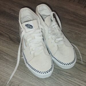 Vans Sk8 White High-Top Sneakers with Checkered Trim Men Sz4 Women Sz5.5